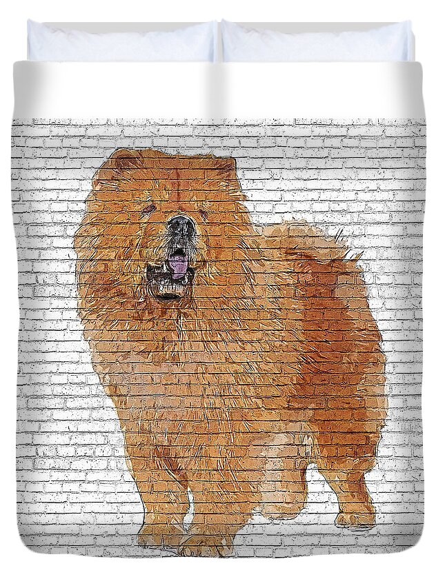 Chow Chow Duvet Cover featuring the painting Too Cute Chow Chow, Chowdren - Brick Block Background by Custom Pet Portrait Art Studio