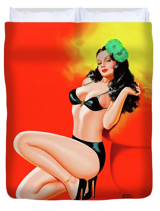 Too Hot To Touch Duvet Cover featuring the painting Too Hot To Touch by Peter Driben Vintage Pin-Up Girl Art by Rolando Burbon
