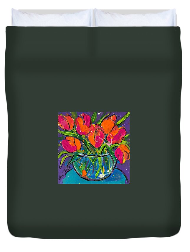 Tulips Duvet Cover featuring the painting Too True Tulips by Elaine Elliott