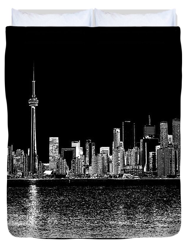 Toronto Duvet Cover featuring the digital art Toronto Ontario Canada Black and White Skyline Photo 188 by Lucie Dumas