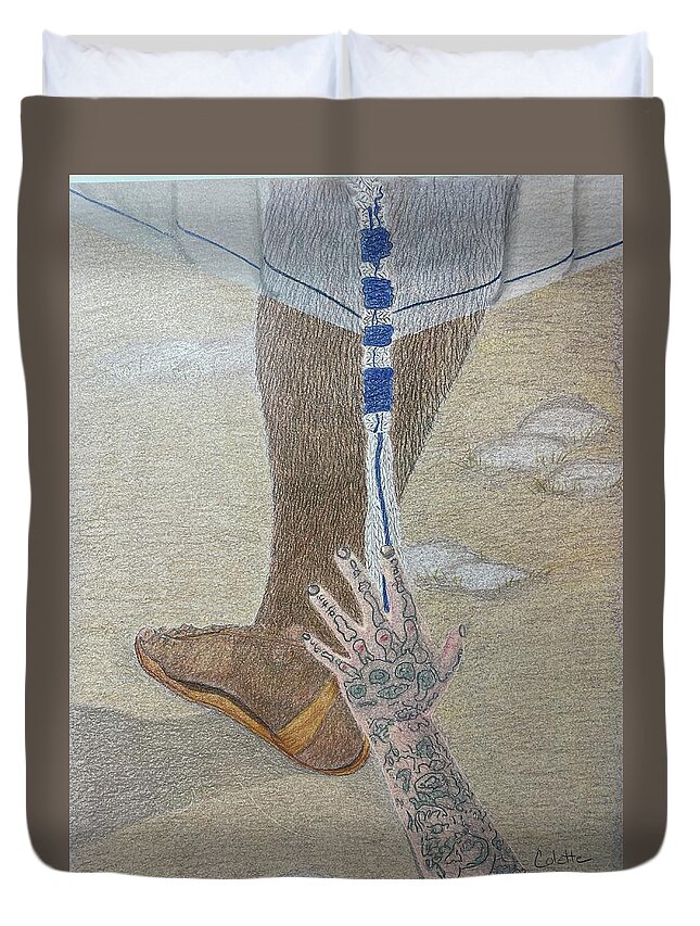 Jesus Duvet Cover featuring the drawing Touching the hem of HIS garment by Colette Lee