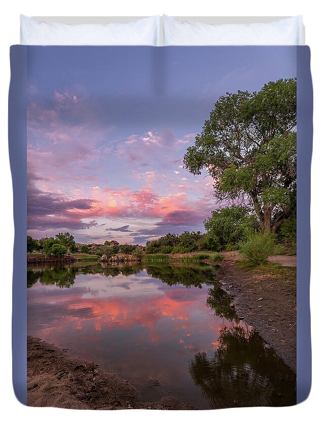 Sunset Duvet Cover featuring the photograph Touching the Shore by Aaron Burrows
