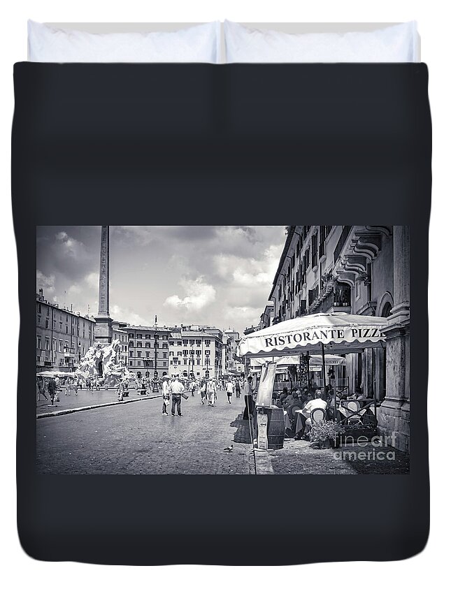 Piazza Navona Duvet Cover featuring the photograph Tourists Dining Outside An Osteria on the Square - Piazza Navona Rome Italy by Stefano Senise