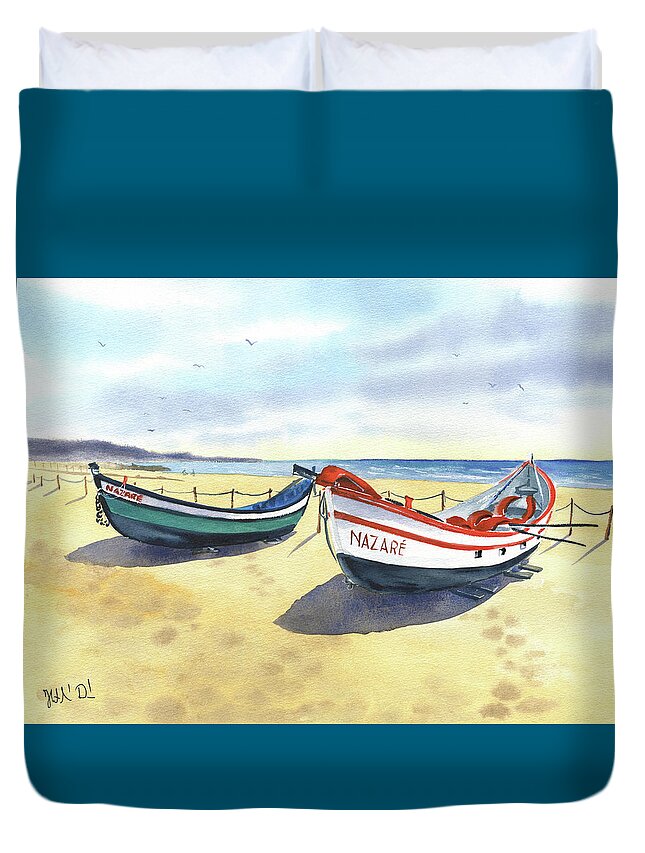Portugal Duvet Cover featuring the painting Traditional Boats in Nazare Portugal by Dora Hathazi Mendes