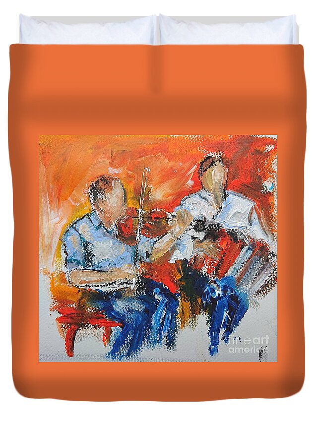 Galway Ireland Duvet Cover featuring the painting Traditional music paintings by Mary Cahalan Lee - aka PIXI