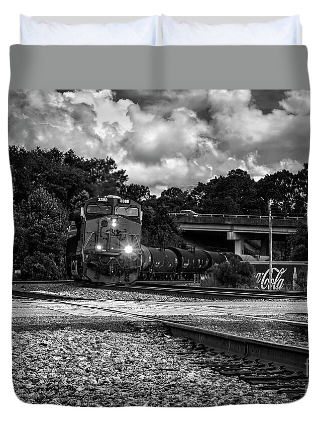 Trains Duvet Cover featuring the photograph Train and Tracks in Black-White by DB Hayes