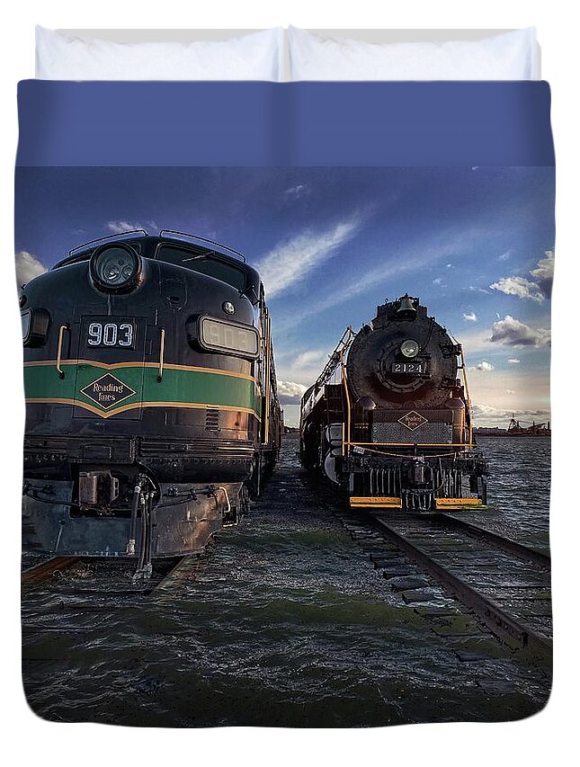 Train Duvet Cover featuring the photograph Trains, Red Hook Waterfront in Brooklyn by Carol Whaley Addassi