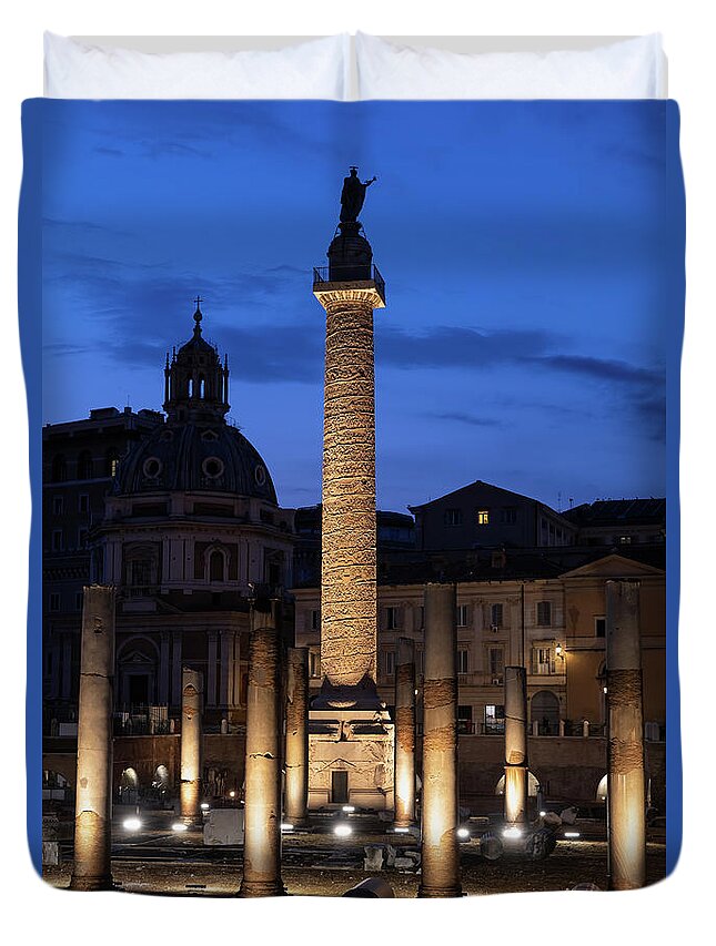 Trajan Duvet Cover featuring the photograph Trajan Column In Rome By Night by Artur Bogacki