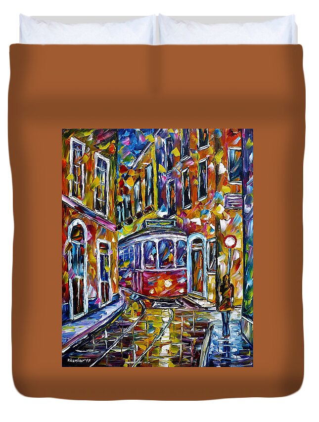 Lisboa Duvet Cover featuring the painting Tram In Lisbon II by Mirek Kuzniar