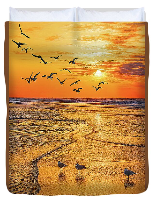 Beach Duvet Cover featuring the photograph Tranquility Base Vertical, South Carolina Sunrise by Don Schimmel