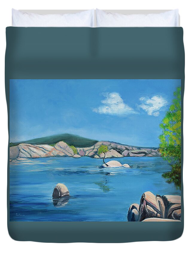 Lake Arizona Stillness Boulders Trees Hill Reflections Duvet Cover featuring the painting Tranquility by Santana Star