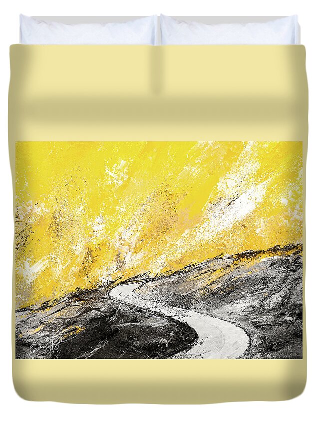 Yellow Duvet Cover featuring the painting Travel Into The Sun - Yellow And Gray Art by Lourry Legarde