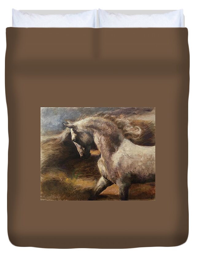 Horse Duvet Cover featuring the painting Traversing the Storm by Ellen Dreibelbis