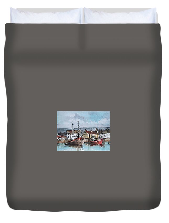  Duvet Cover featuring the painting Trawlers in Inismore, Aran by Val Byrne