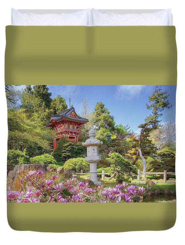Japanese Garden Duvet Cover featuring the photograph Pagoda - Japanese Tea Garden by Susan Rissi Tregoning