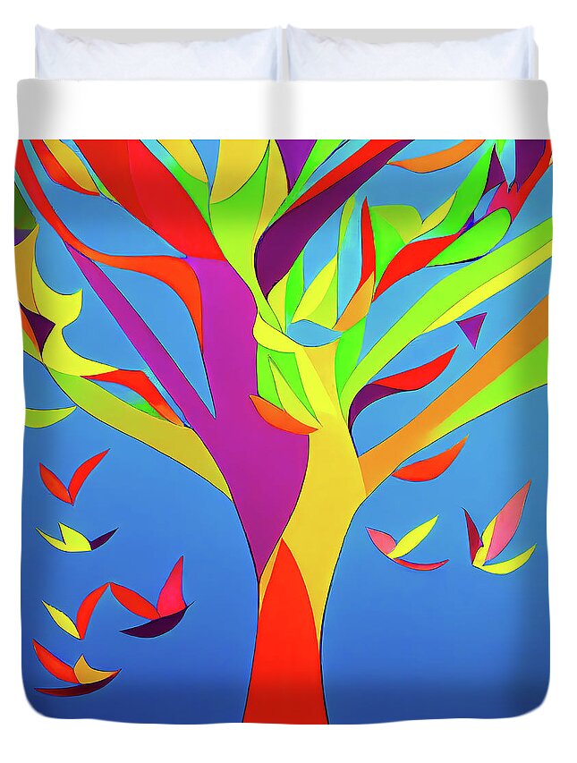 Tree Duvet Cover featuring the digital art Tree and Birds Colorful Abstract 01 by Matthias Hauser