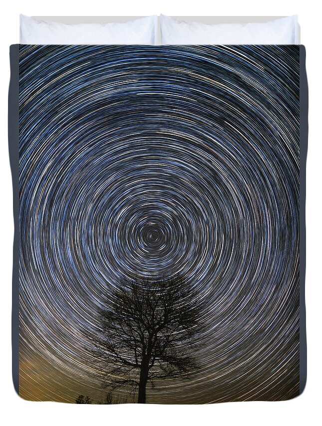 Star Trails Duvet Cover featuring the photograph Tree Topper by Chuck Rasco Photography
