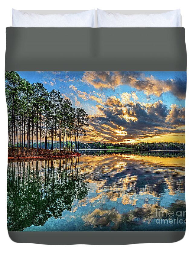 Water Duvet Cover featuring the photograph Trees And Vibrant Sky, Lake Keowee, South Carolina by Don Schimmel