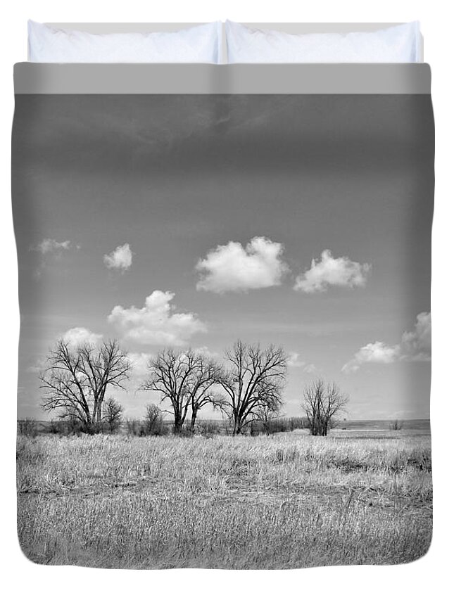 Trees Duvet Cover featuring the photograph Trees On The Prairie in Black and White by Amanda R Wright