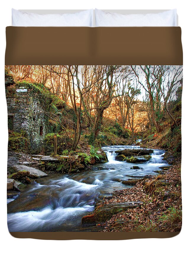 Trethevy Mill Duvet Cover featuring the photograph Trethevy Mill and Rocky Falls by Gareth Parkes