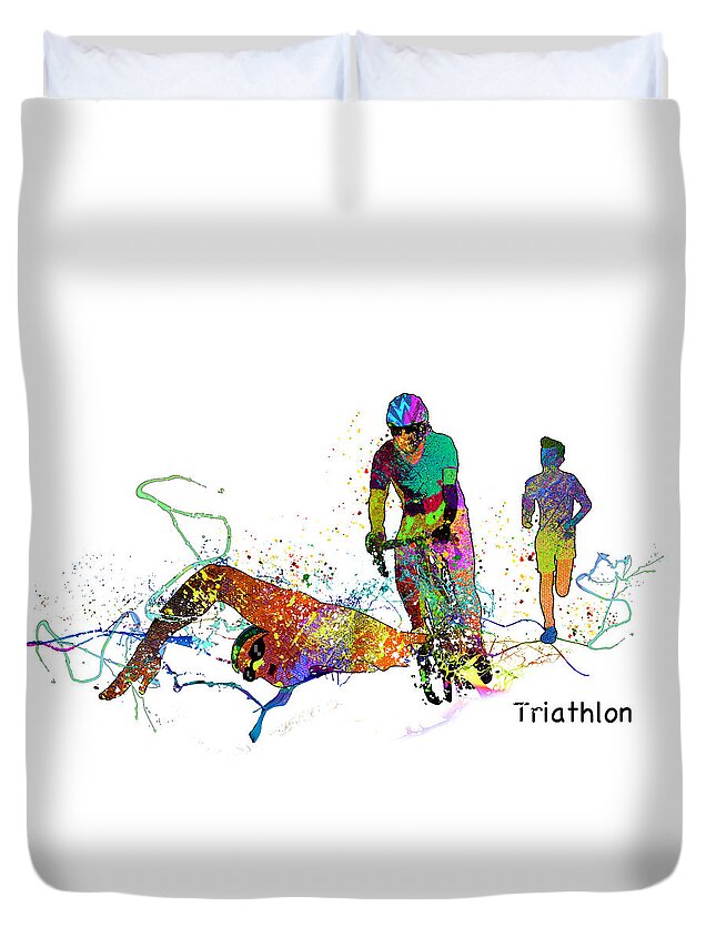 Sports Duvet Cover featuring the mixed media Triathlon Passion 01 by Miki De Goodaboom