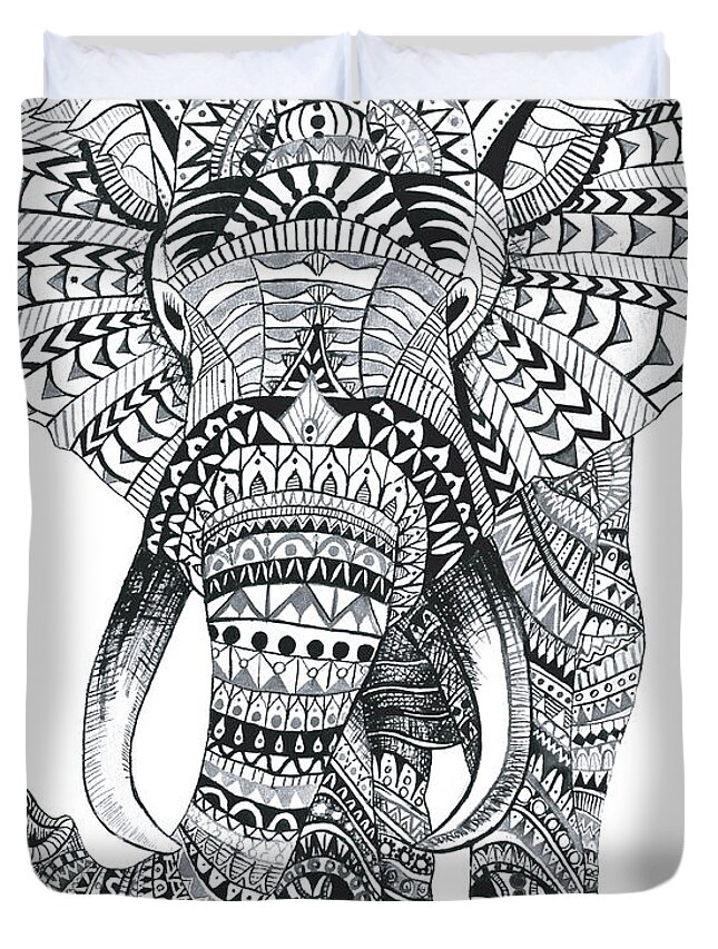 Elephant Duvet Cover featuring the painting Tribal Elephant Mandala by Ashley Lane