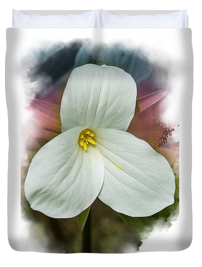 Spring Duvet Cover featuring the mixed media Trillium by Moira Law
