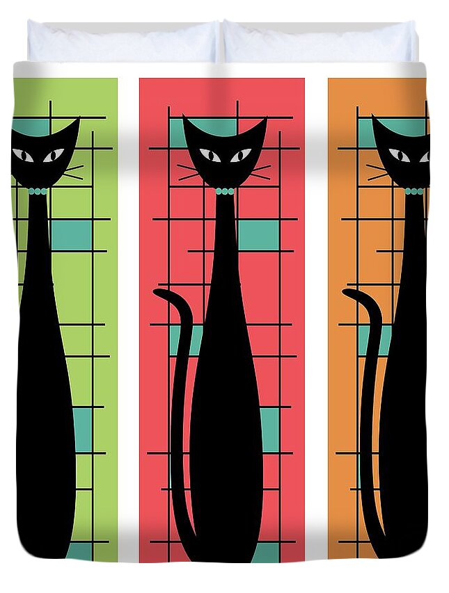 Mid Century Modern Duvet Cover featuring the digital art Trio of Cats Green, Salmon and Orange on White by Donna Mibus