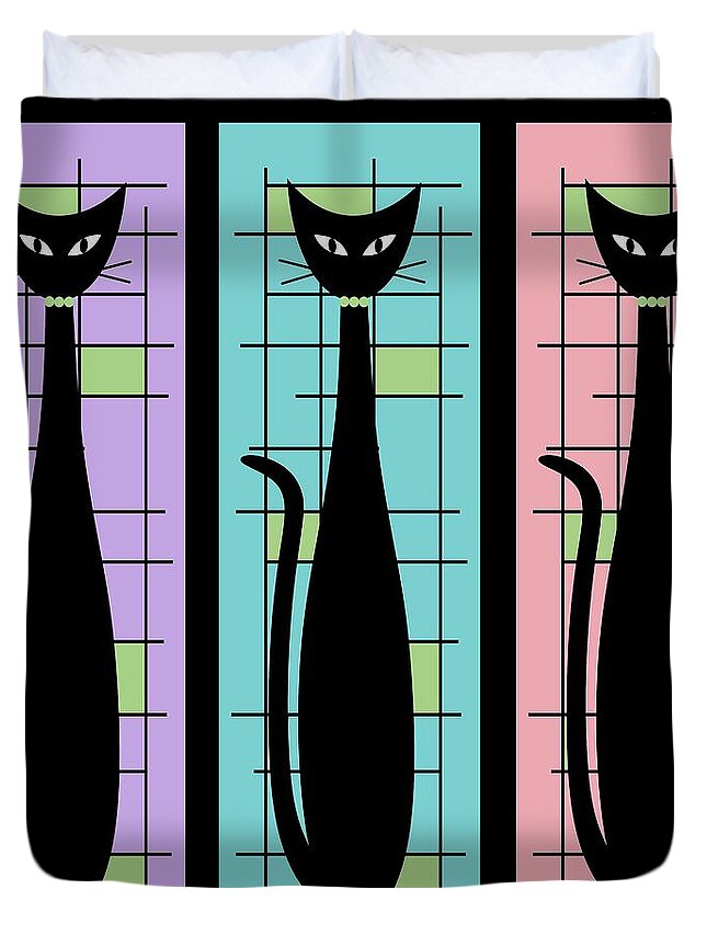 Mid Century Modern Duvet Cover featuring the digital art Trio of Cats Purple, Blue and Pink on Black by Donna Mibus