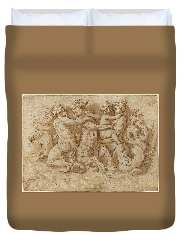 Attributed To Pellegrino Tibaldi Duvet Cover featuring the drawing Tritons and Nymphs by Attributed to Pellegrino Tibaldi