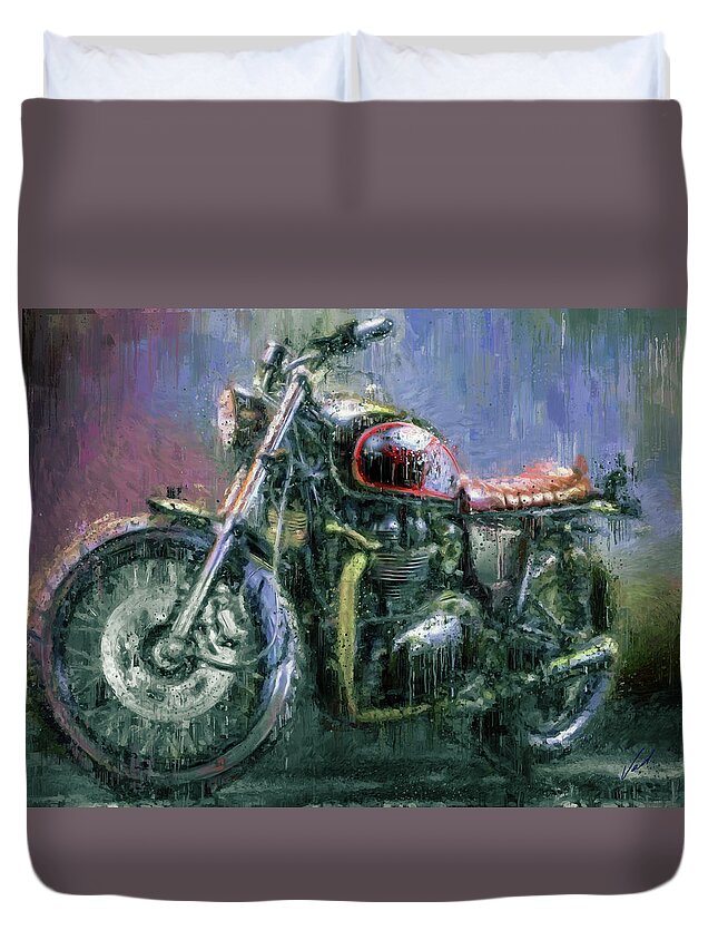 Motorcycle Duvet Cover featuring the painting Triumph Bonneville Motorcycle by Vart by Vart Studio