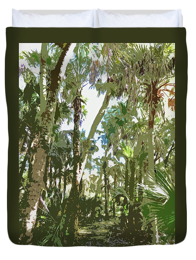 Landscape Duvet Cover featuring the mixed media Tropical Forest Abstract 300 by Sharon Williams Eng