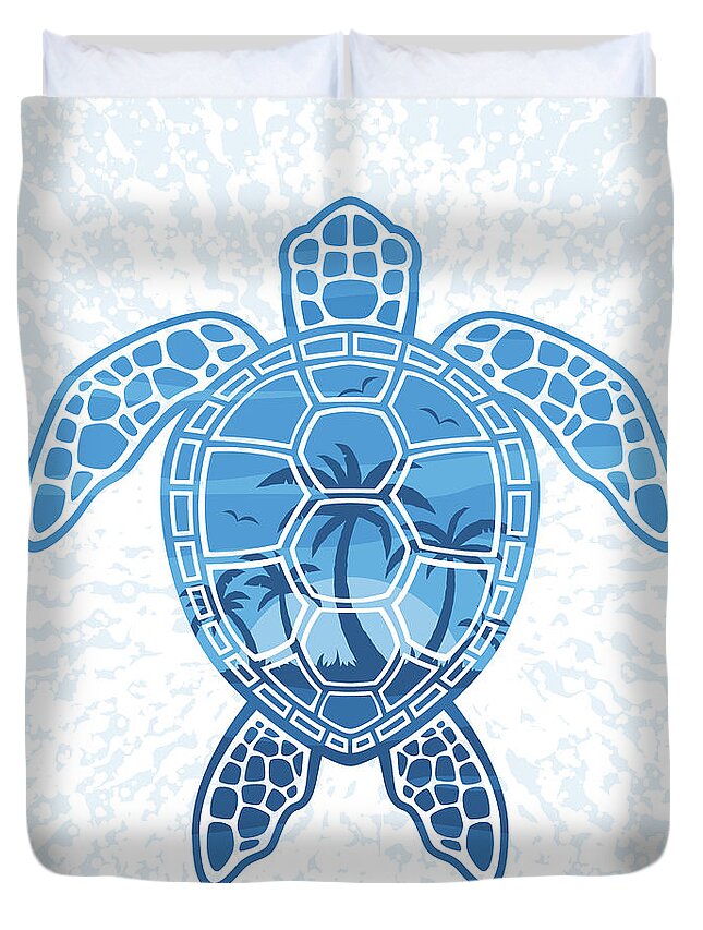 Blue Duvet Cover featuring the digital art Tropical Island Sea Turtle Design in Blue by John Schwegel