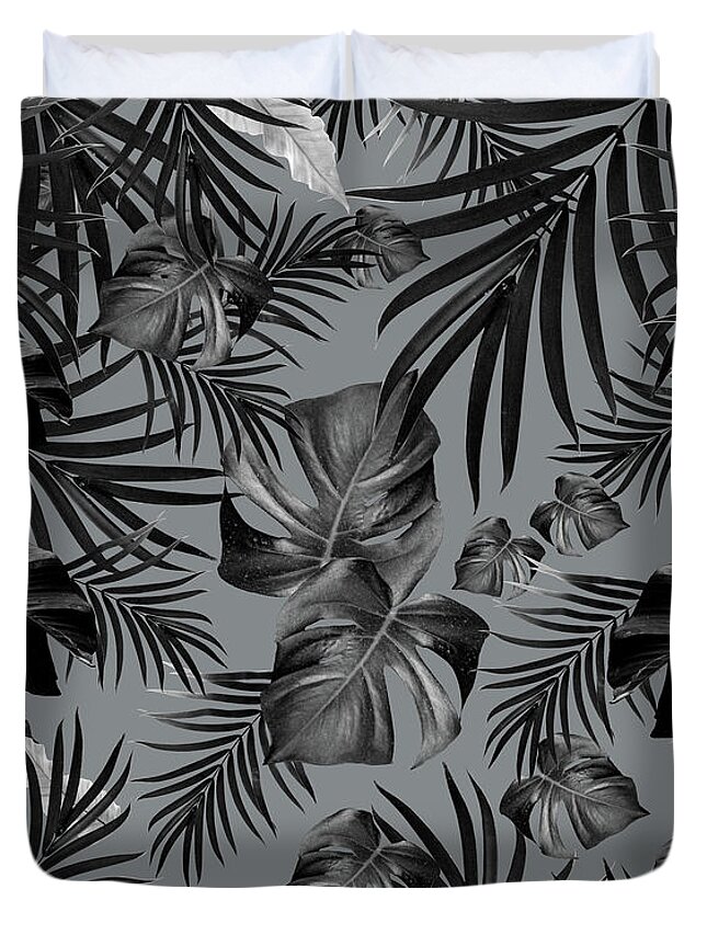 Black-and-white Duvet Cover featuring the mixed media Tropical Jungle Night Leaves Pattern #6 2020 Edition #tropical #decor #art by Anitas and Bellas Art