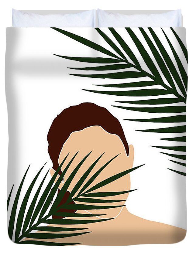 Tropical Duvet Cover featuring the mixed media Tropical Reverie 16 - Modern, Minimal Illustration - Girl and Palm Leaves - Aesthetic Tropical Vibes by Studio Grafiikka
