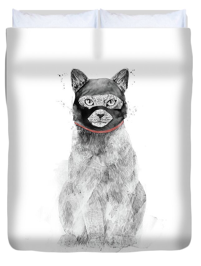 Cat Duvet Cover featuring the drawing Masked cat by Balazs Solti