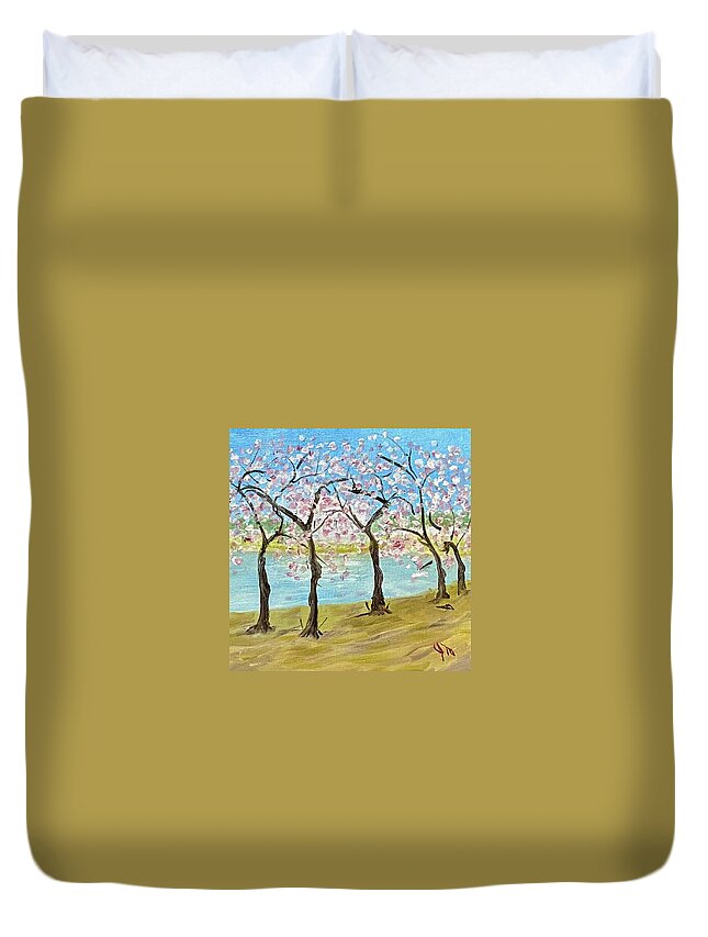 Cherry Blossoms Duvet Cover featuring the painting Tuesday 2002 Full Bloom by John Macarthur