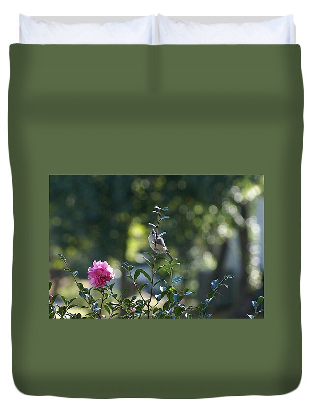  Duvet Cover featuring the photograph Tufted Titmouse on Camelia by Heather E Harman