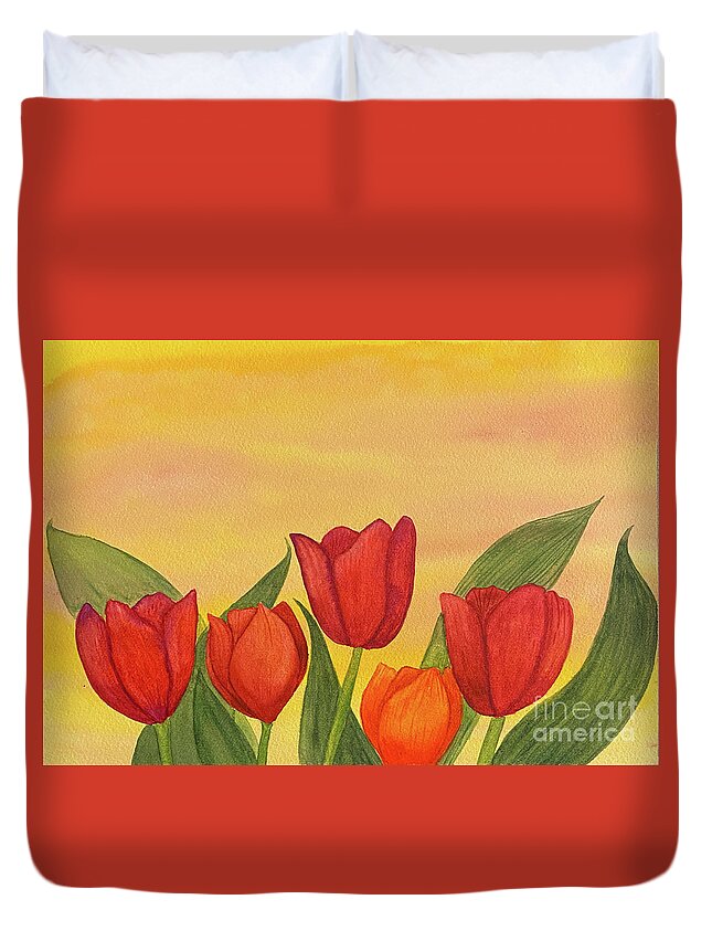 Tulips Duvet Cover featuring the painting Tulips at Sunset by Lisa Neuman