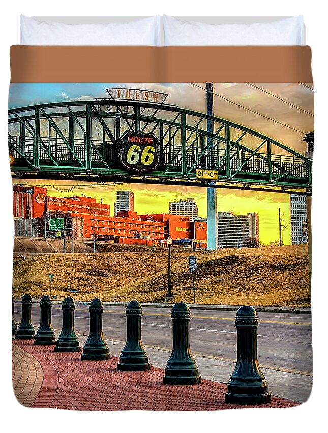 Tulsa Oklahoma Duvet Cover featuring the photograph Tulsa Oklahoma Route 66 Cyrus Avery Plaza at Sunrise - Vibrant Light by Gregory Ballos