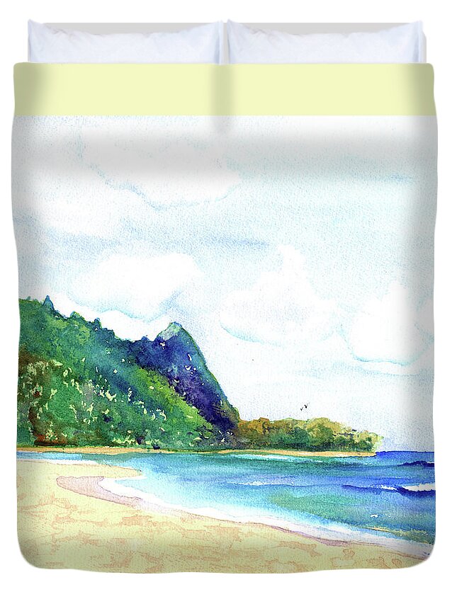 Finding Ohana Duvet Cover featuring the painting Tunnels Beach 2 by Marionette Taboniar