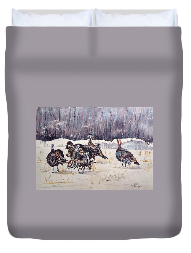 Thanksgiving Duvet Cover featuring the painting Turkeys in the Straw by Christine Kfoury