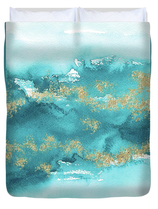 Turquoise Blue Duvet Cover featuring the painting Turquoise Blue, Gold And Aquamarine by Garden Of Delights