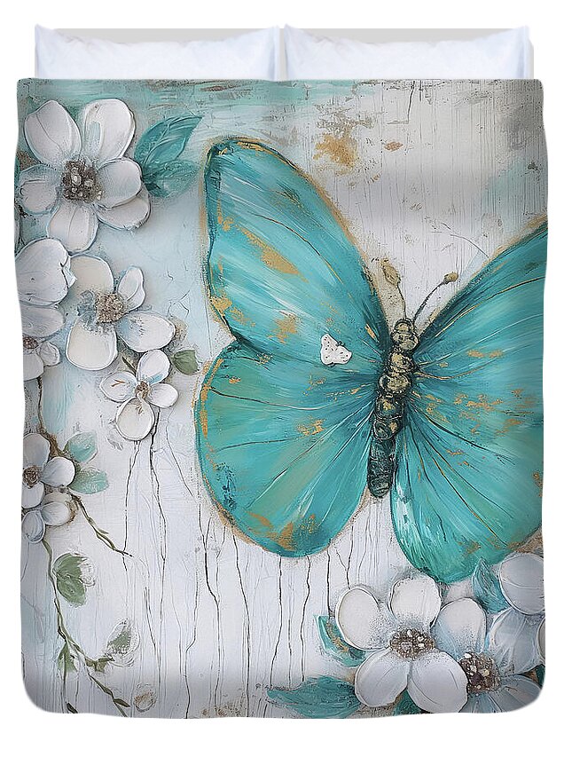 Butterfly Duvet Cover featuring the painting Turquoise Butterfly by Tina LeCour