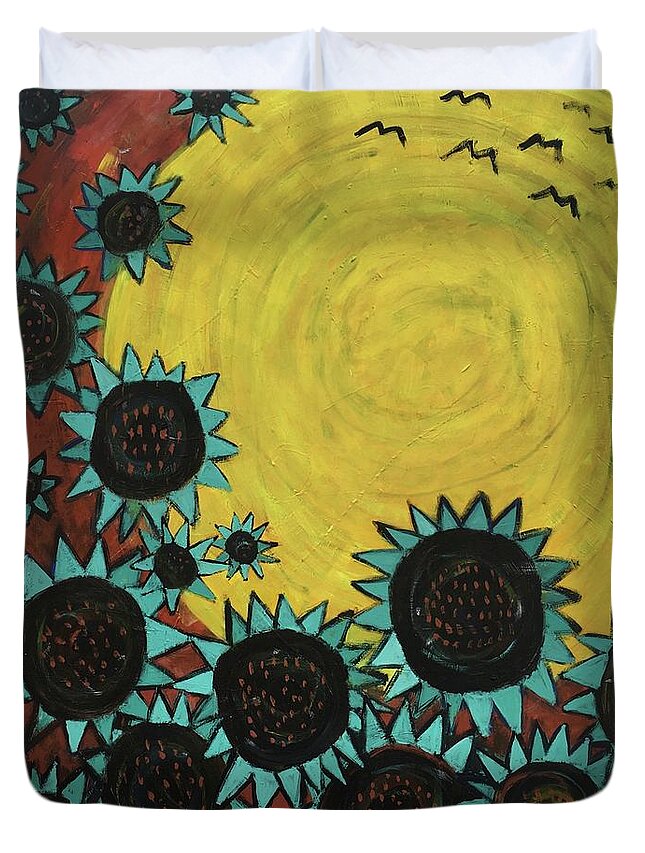 Sun Duvet Cover featuring the painting Turquoise Sunflowers by Cyndie Katz