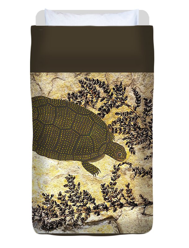 Turtle Duvet Cover featuring the mixed media Turtle in Montsechia by Lorena Cassady