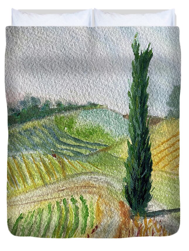 Cypress Tree Duvet Cover featuring the painting Tuscan Cypress Tree Landscape by Roxy Rich
