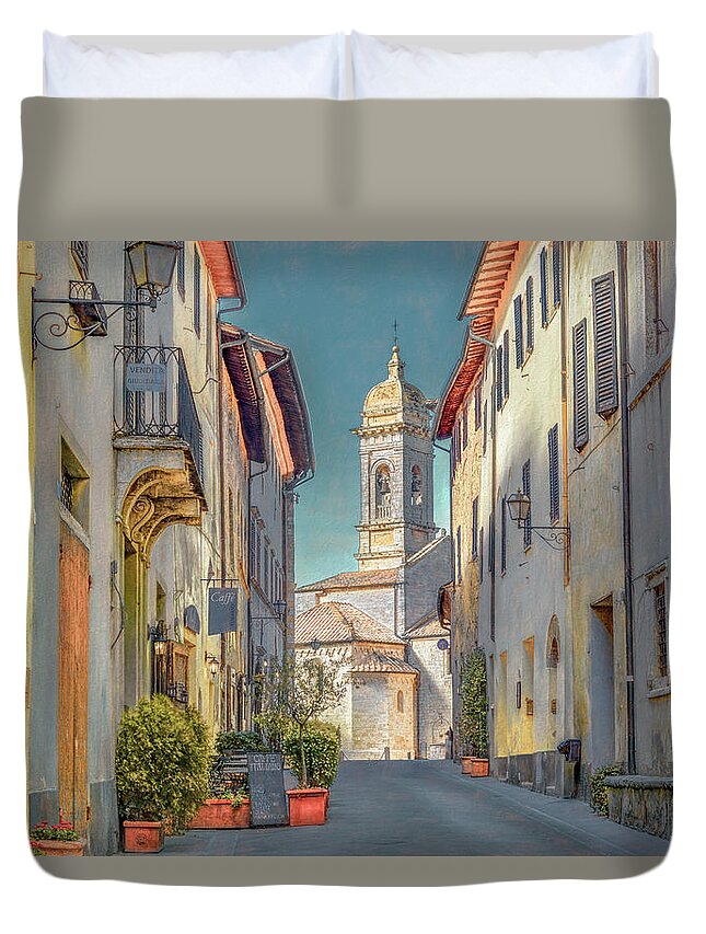 Italy Duvet Cover featuring the photograph Tuscan Hill Town of San Quirico d'Orcia, Painterly by Marcy Wielfaert