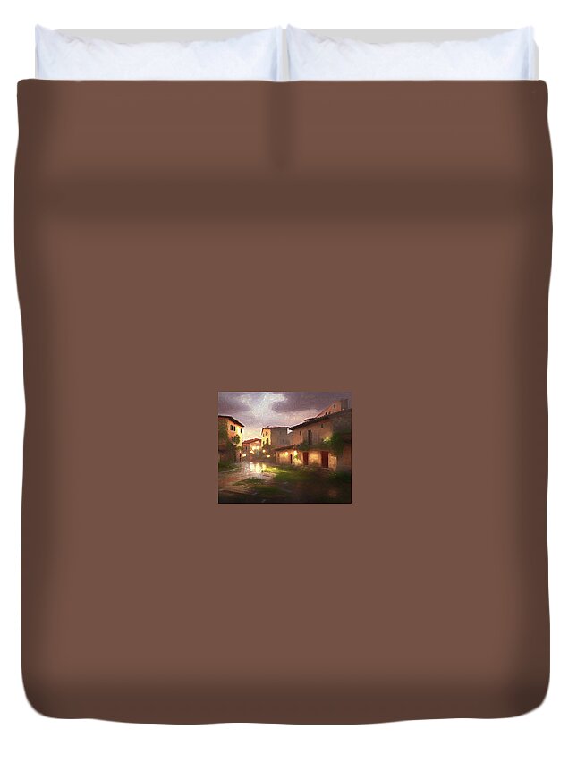 Tuscany Duvet Cover featuring the digital art Tuscan Village at Night by Alison Frank