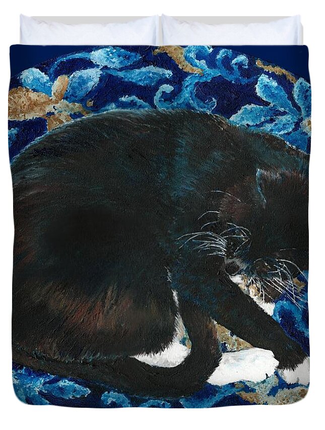 Cat Duvet Cover featuring the painting Tuxedo Cat Butterfly Dreaming, blue background by Merana Cadorette